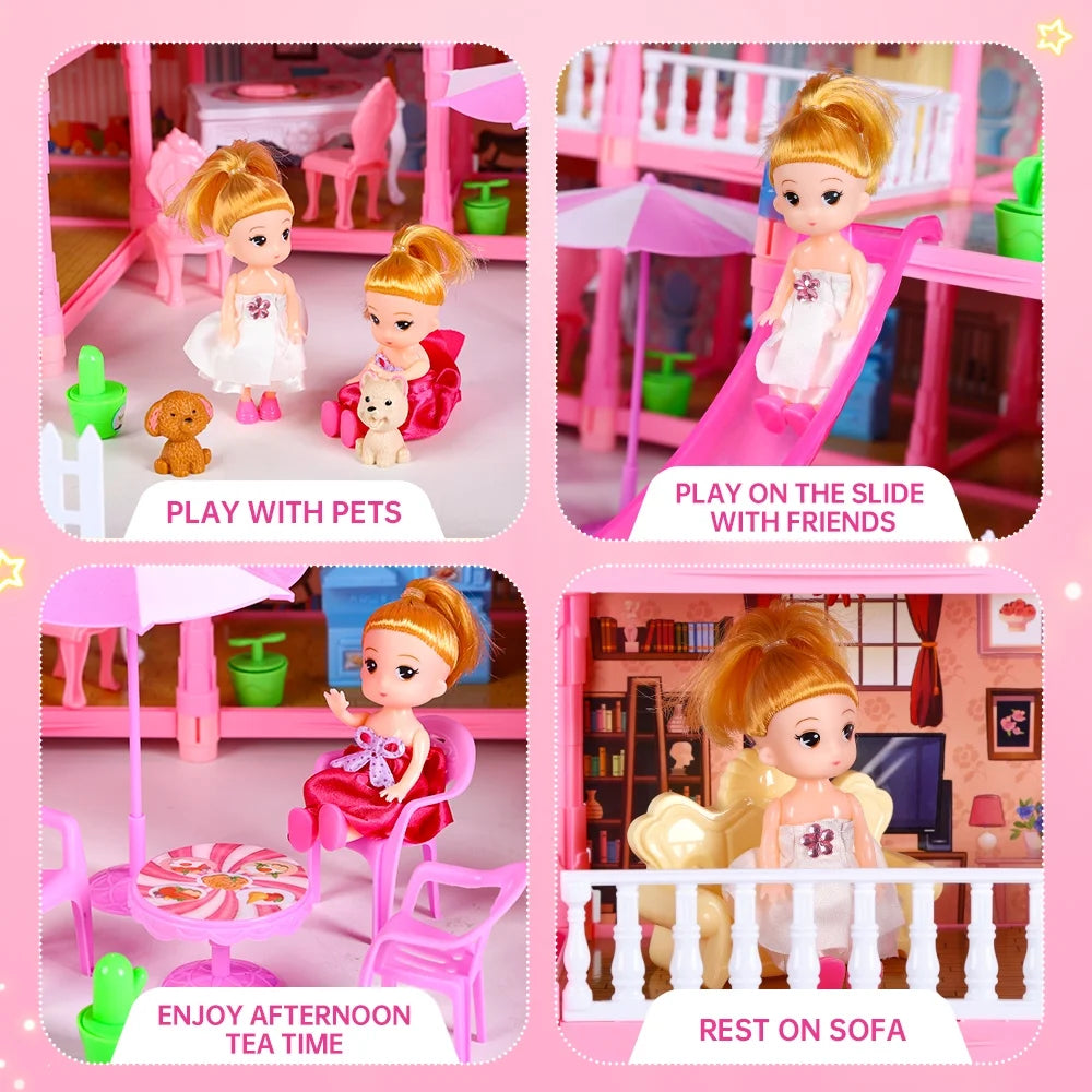 Doll House for Girls, 5-Story 19 Rooms Huge Dollhouse Playset with LED Lights, 2 Dolls, Furnitures, Accessories, DIY Pretend Play Toys Gifts for Kids, Blue