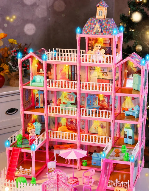 Load image into Gallery viewer, Doll House for Girls, 5-Story 19 Rooms Huge Dollhouse Playset with LED Lights, 2 Dolls, Furnitures, Accessories, DIY Pretend Play Toys Gifts for Kids, Blue
