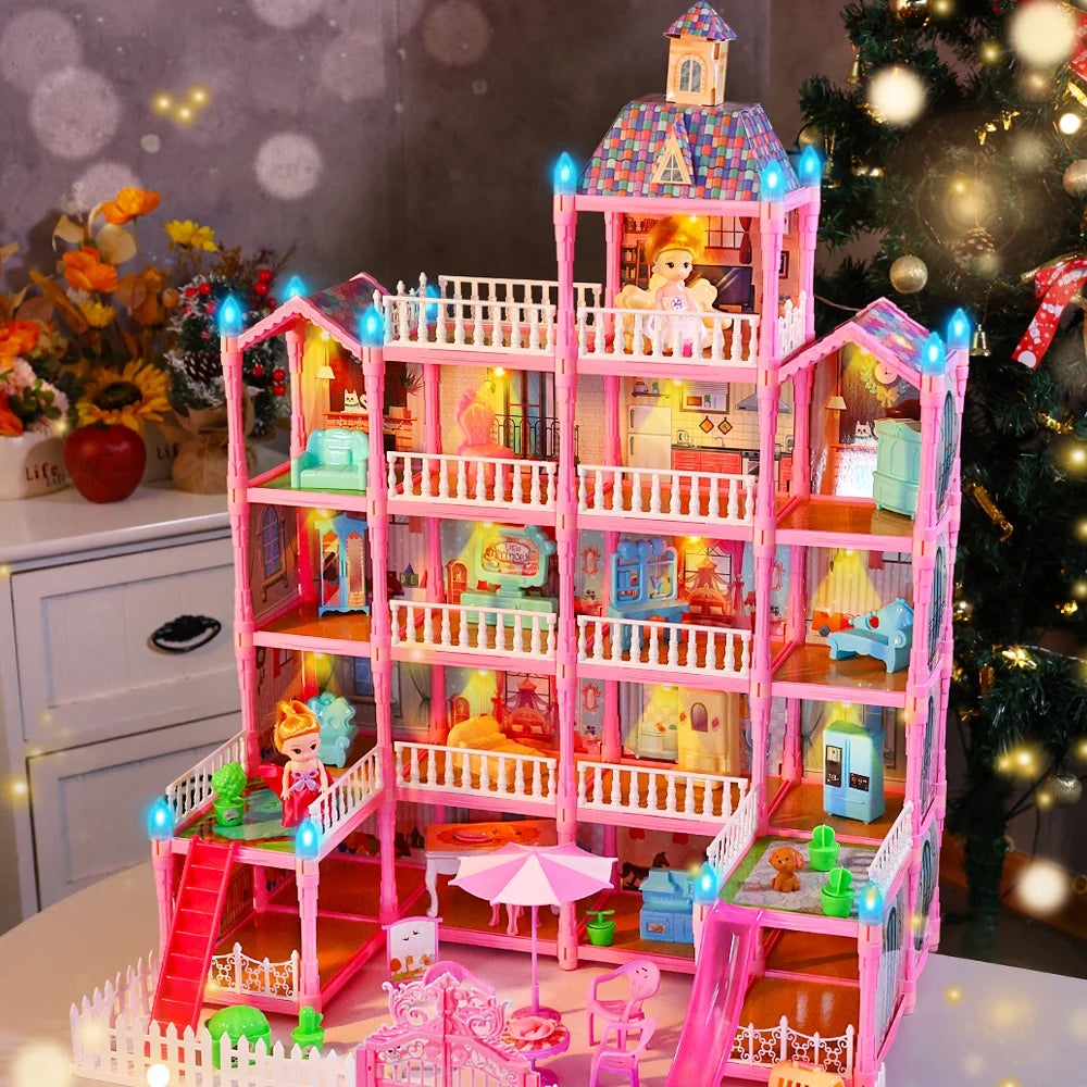 Doll House for Girls, 5-Story 19 Rooms Huge Dollhouse Playset with LED Lights, 2 Dolls, Furnitures, Accessories, DIY Pretend Play Toys Gifts for Kids, Blue