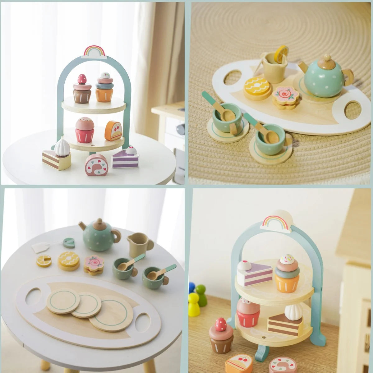 Tea Party Set for Little Girls, Wooden Tea Set with Cake Stand, Food Pretend Play Accessories Kids Kitchen Playset Wooden Toys for 2 3 4 5 6 Year Old Girl Birthday Gift