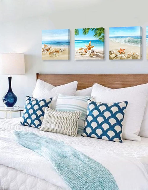 Load image into Gallery viewer, Beach Bathroom Paintings Decor Wall Art Seashell Starfish Nature Canvas Picture Blue Ocean Theme Decorations Posters Contemporary Nautical for Bedroom
