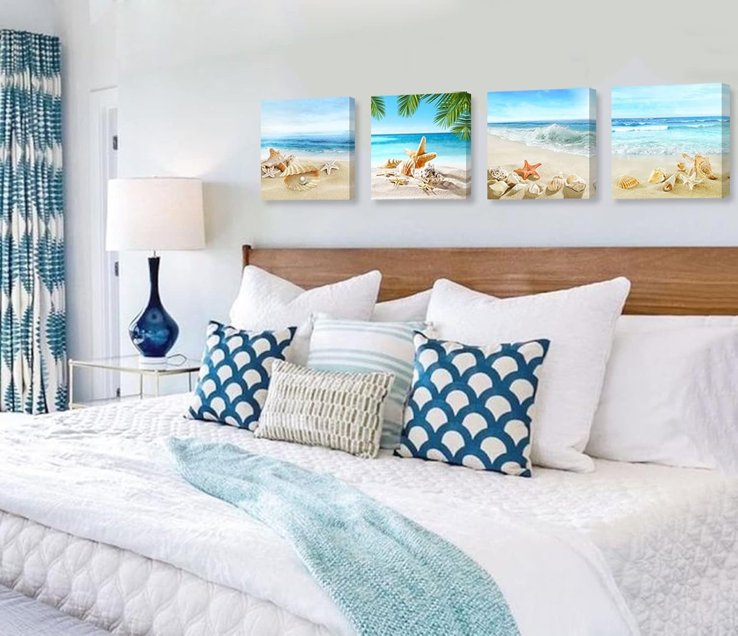 Beach Bathroom Paintings Decor Wall Art Seashell Starfish Nature Canvas Picture Blue Ocean Theme Decorations Posters Contemporary Nautical for Bedroom