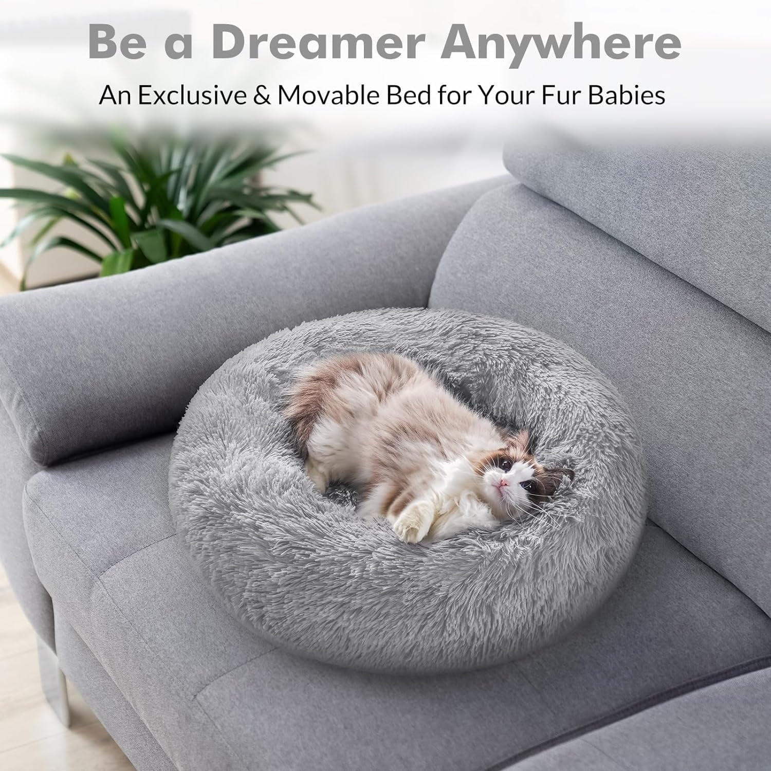 Cat Bed for Indoor Cats, Fluffy round Self Warming Calming Soft Plush Donut Cuddler Cushion Pet Bed for Small Dogs Kittens, 20 Inches