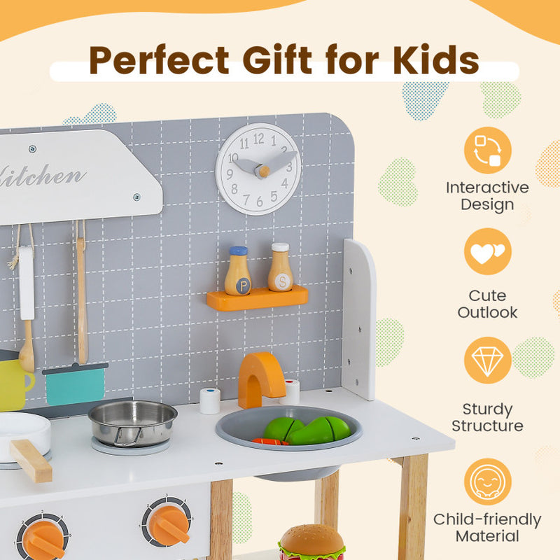 Wooden Toddler Pretend Kitchen Set with Cookware Accessories for Boys and Girls