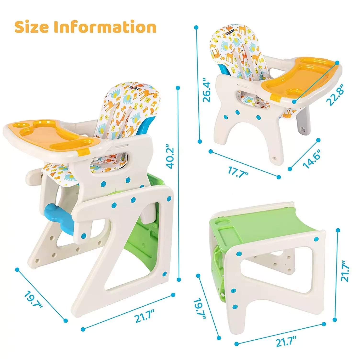 SEJOY High Chairs for Babies Toddlers 3-In-1 Baby High Chair Adjustable Backrest Infant Baby Feeding Chair for Eating