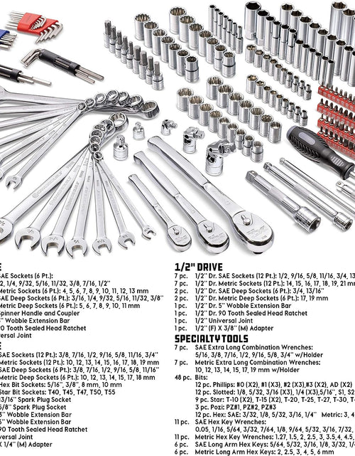 Load image into Gallery viewer, 200 Piece 1/4-Inch, 3/8-Inch, and 1/2-Inch Drive Mechanics Tool Set - with SAE and Metric Socket Set,  XT 90 Tooth Seal-Head Ratchets, Including Case - 642472
