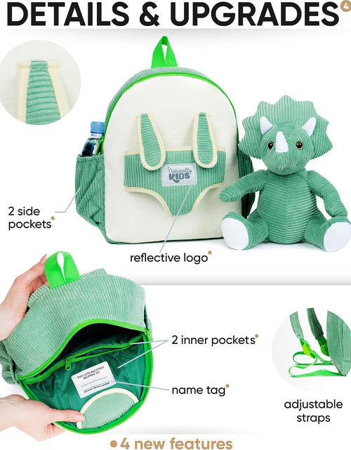 Load image into Gallery viewer, Medium Dinosaur Backpack - Dinosaur Toys for Kids 5-7 - Kids Backpack for Girls W Stuffed Animal - Gifts for 6 Year Old Boy - W Pockets &amp; Reflective Logo - Backpack W Green Triceratops
