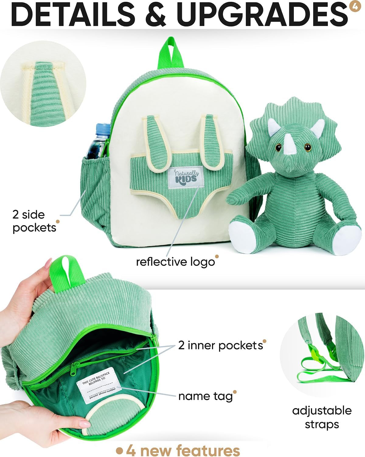 Medium Dinosaur Backpack - Dinosaur Toys for Kids 5-7 - Kids Backpack for Girls W Stuffed Animal - Gifts for 6 Year Old Boy - W Pockets & Reflective Logo - Backpack W Green Triceratops