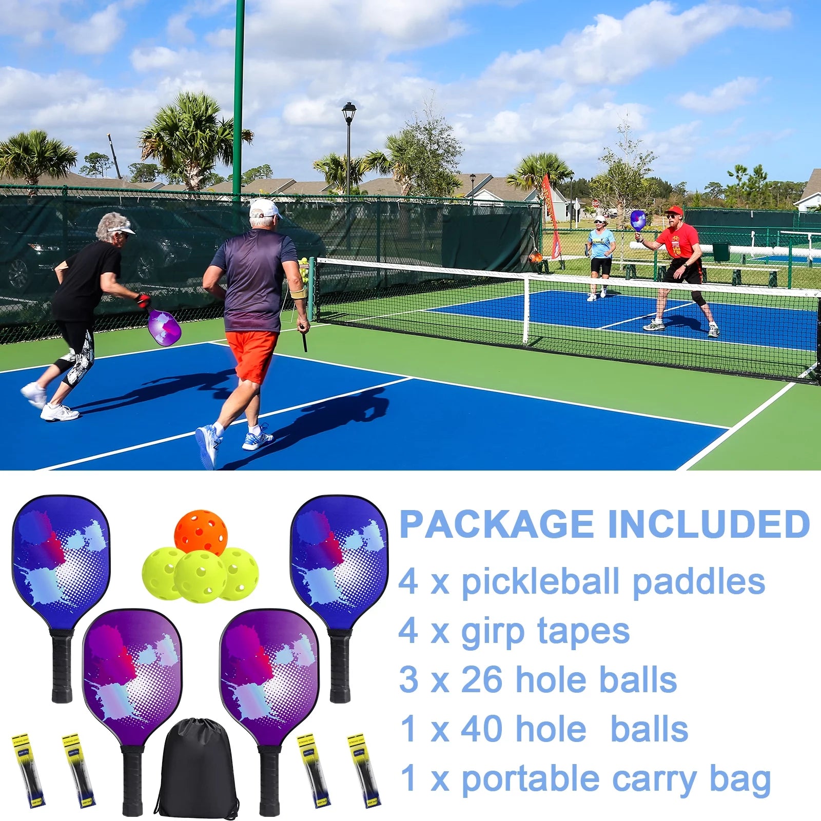 Pickleball Paddles Set Pickleball Rackets with 4 Wood Pickleball Paddles, 4 Pickleball Balls, 4 Grip Tape & Carry Bag, Pickleball Gifts