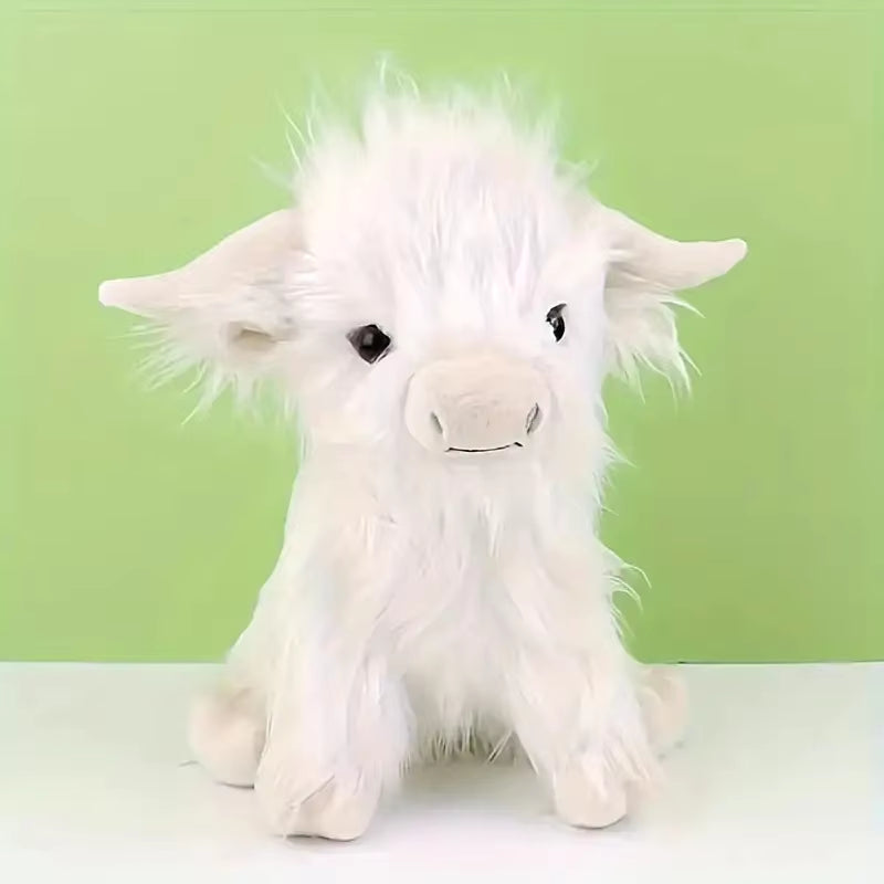 30Cm Simulation Kyloe Cream Highland Cow Animal Plush Doll Soft Stuffed Highland Cow Cattlle Plushie Gift for Kids Boys Girls