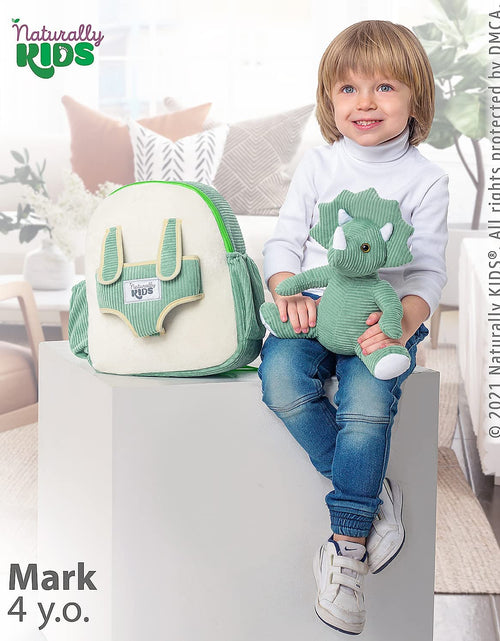 Load image into Gallery viewer, Medium Dinosaur Backpack - Dinosaur Toys for Kids 5-7 - Kids Backpack for Girls W Stuffed Animal - Gifts for 6 Year Old Boy - W Pockets &amp; Reflective Logo - Backpack W Green Triceratops
