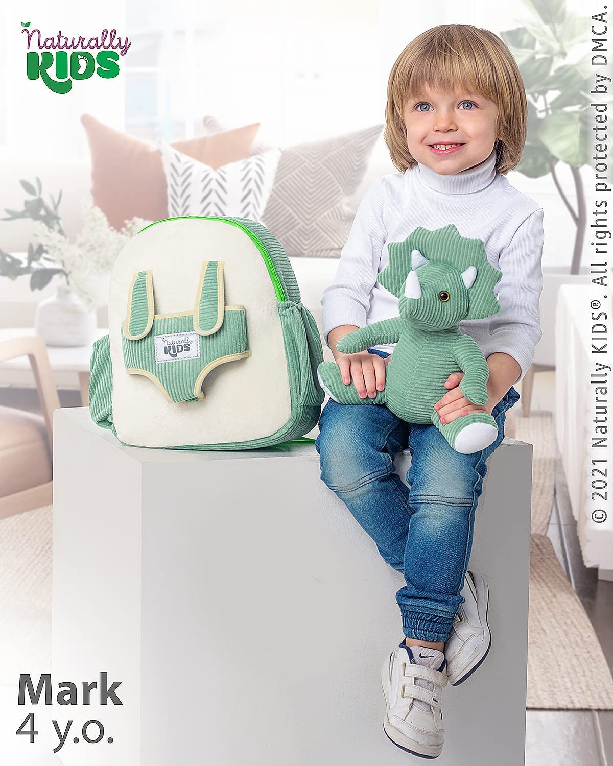 Medium Dinosaur Backpack - Dinosaur Toys for Kids 5-7 - Kids Backpack for Girls W Stuffed Animal - Gifts for 6 Year Old Boy - W Pockets & Reflective Logo - Backpack W Green Triceratops