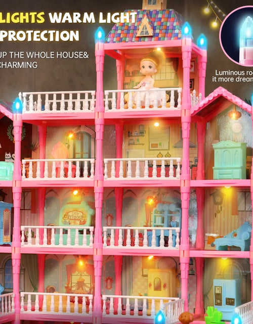 Load image into Gallery viewer, Doll House for Girls, 5-Story 19 Rooms Huge Dollhouse Playset with LED Lights, 2 Dolls, Furnitures, Accessories, DIY Pretend Play Toys Gifts for Kids, Blue
