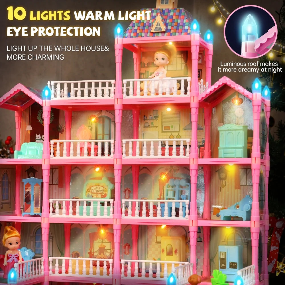 Doll House for Girls, 5-Story 19 Rooms Huge Dollhouse Playset with LED Lights, 2 Dolls, Furnitures, Accessories, DIY Pretend Play Toys Gifts for Kids, Blue