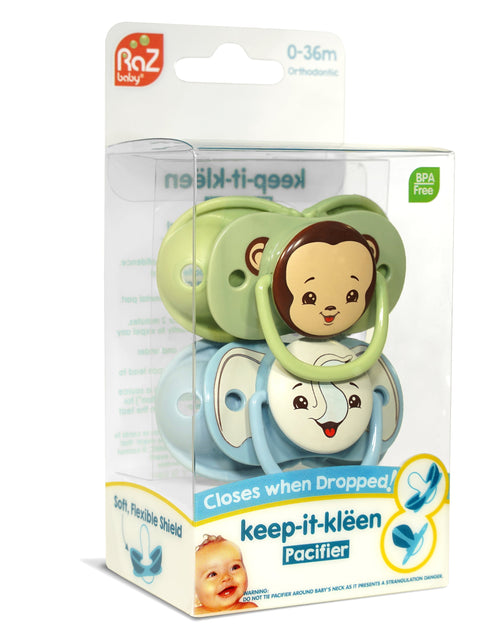 Load image into Gallery viewer, Keep-It-Kleen Pacifier 0-36M (2-Pack), Closes Automatically When Dropped | Elephant/Monkey
