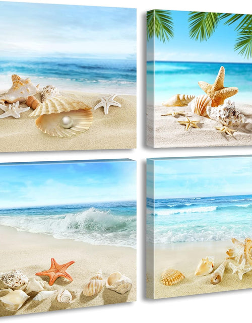 Load image into Gallery viewer, Beach Bathroom Paintings Decor Wall Art Seashell Starfish Nature Canvas Picture Blue Ocean Theme Decorations Posters Contemporary Nautical for Bedroom
