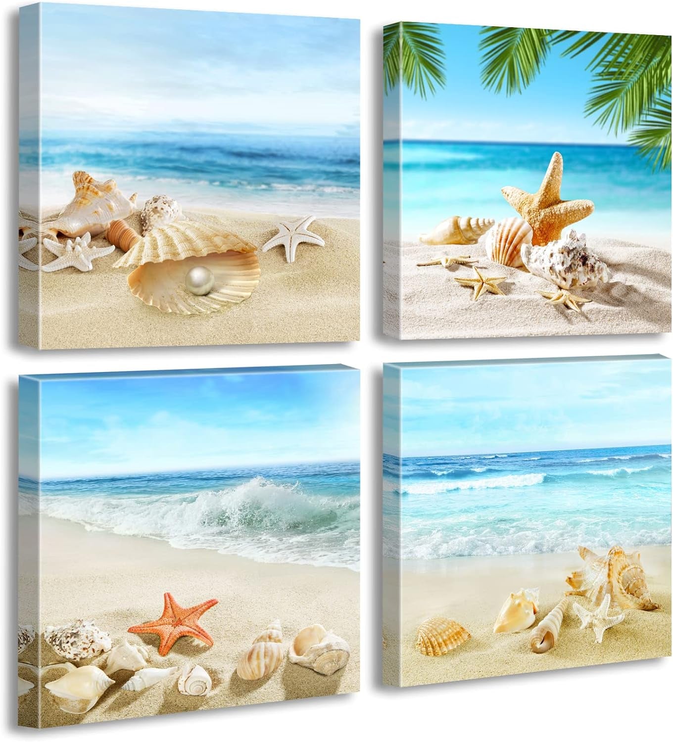 Beach Bathroom Paintings Decor Wall Art Seashell Starfish Nature Canvas Picture Blue Ocean Theme Decorations Posters Contemporary Nautical for Bedroom