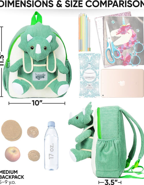 Load image into Gallery viewer, Medium Dinosaur Backpack - Dinosaur Toys for Kids 5-7 - Kids Backpack for Girls W Stuffed Animal - Gifts for 6 Year Old Boy - W Pockets &amp; Reflective Logo - Backpack W Green Triceratops
