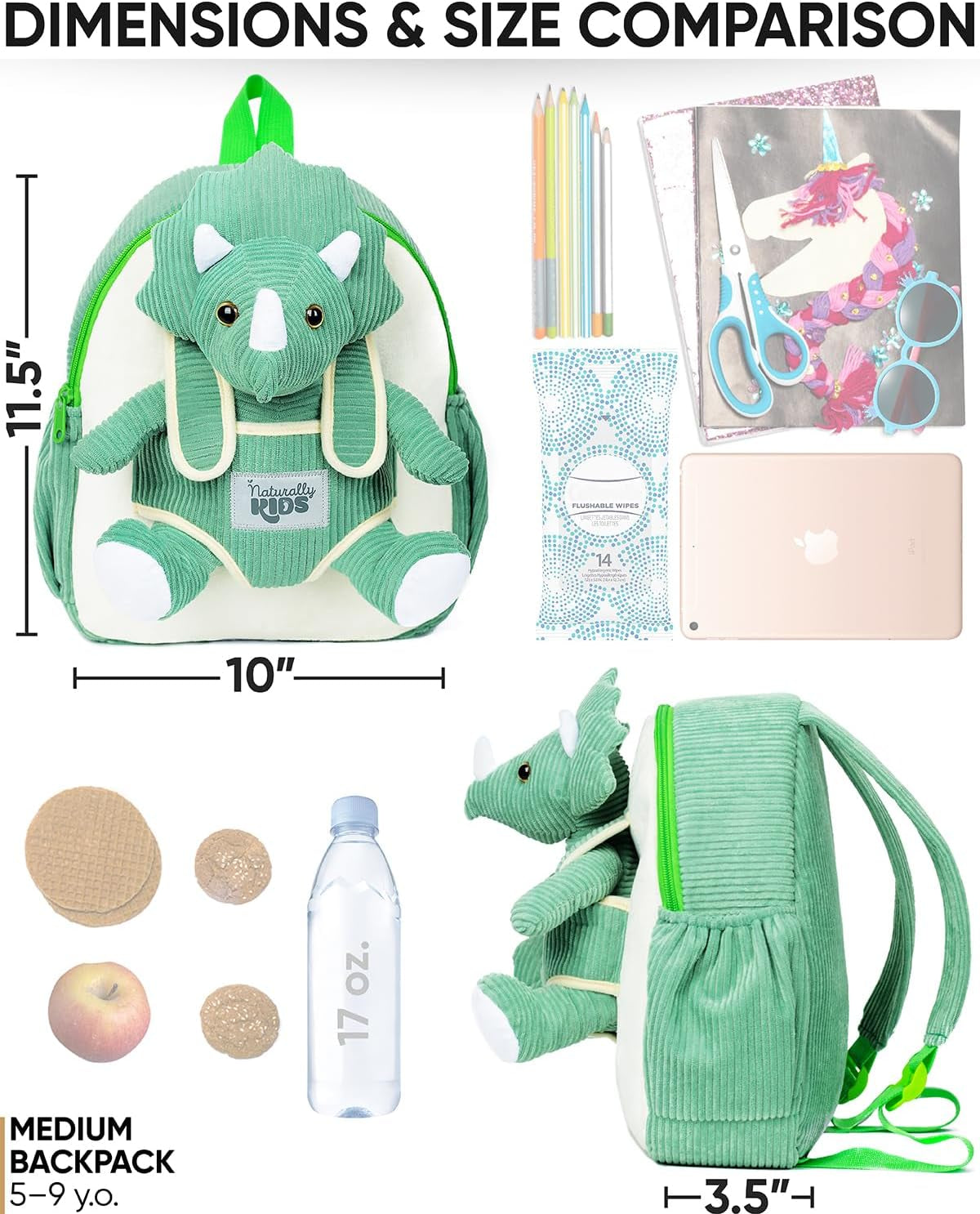 Medium Dinosaur Backpack - Dinosaur Toys for Kids 5-7 - Kids Backpack for Girls W Stuffed Animal - Gifts for 6 Year Old Boy - W Pockets & Reflective Logo - Backpack W Green Triceratops