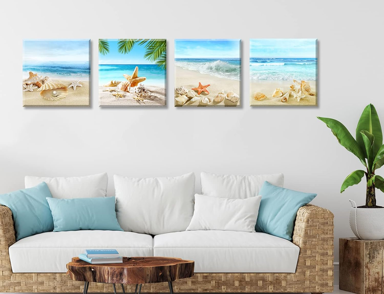 Beach Bathroom Paintings Decor Wall Art Seashell Starfish Nature Canvas Picture Blue Ocean Theme Decorations Posters Contemporary Nautical for Bedroom