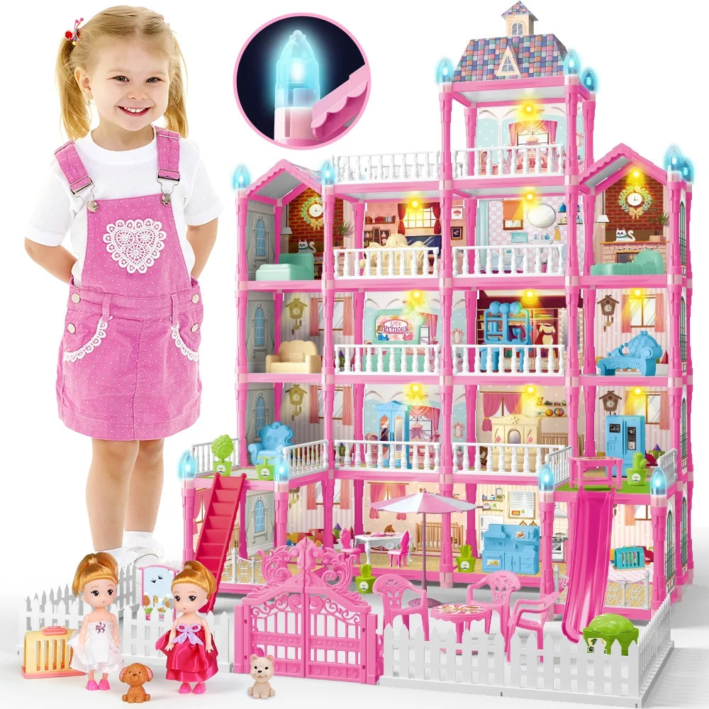 Doll House for Girls, 5-Story 19 Rooms Huge Dollhouse Playset with LED Lights, 2 Dolls, Furnitures, Accessories, DIY Pretend Play Toys Gifts for Kids, Blue