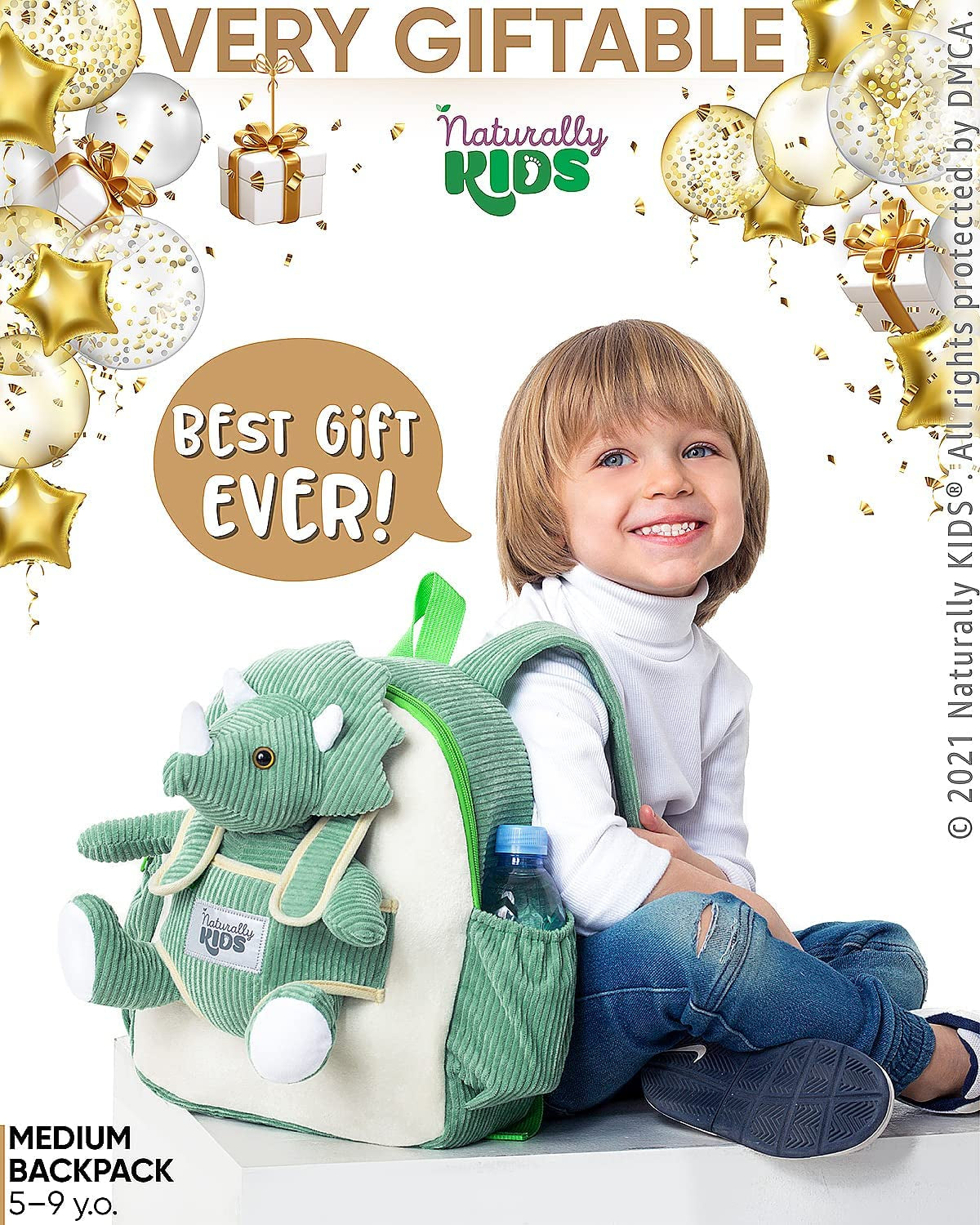 Medium Dinosaur Backpack - Dinosaur Toys for Kids 5-7 - Kids Backpack for Girls W Stuffed Animal - Gifts for 6 Year Old Boy - W Pockets & Reflective Logo - Backpack W Green Triceratops