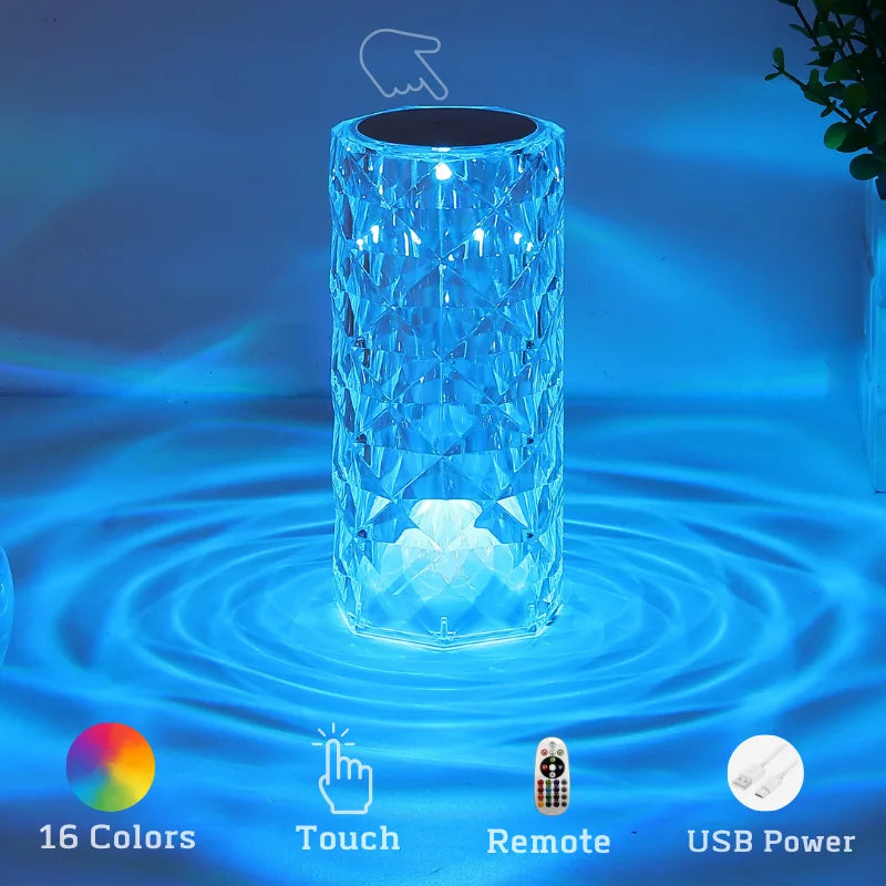 Crystal Table Lamp for Bedroom 16 Colors Touch/Remote Dimmable Night Light USB LED Bedside Diamond Rose Lamp