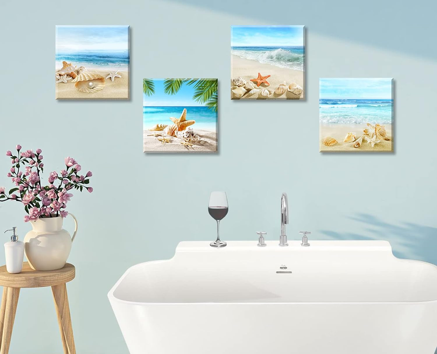 Beach Bathroom Paintings Decor Wall Art Seashell Starfish Nature Canvas Picture Blue Ocean Theme Decorations Posters Contemporary Nautical for Bedroom