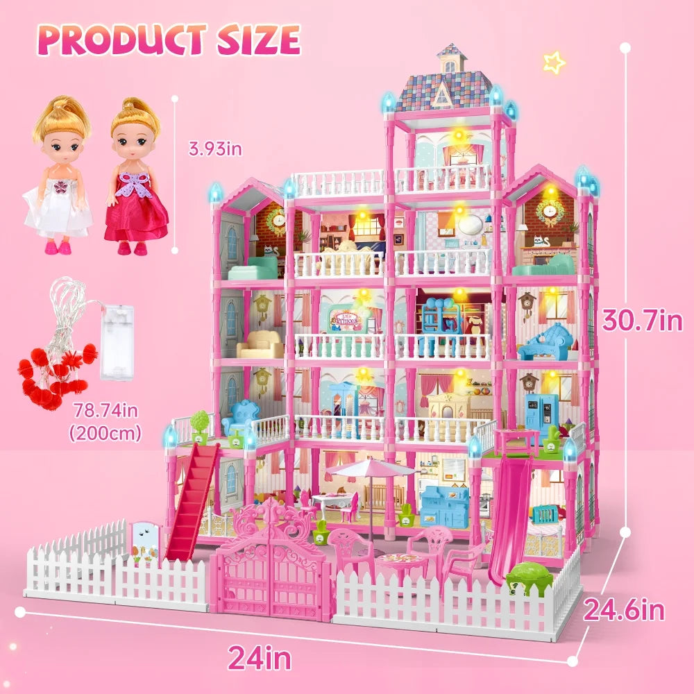 Doll House for Girls, 5-Story 19 Rooms Huge Dollhouse Playset with LED Lights, 2 Dolls, Furnitures, Accessories, DIY Pretend Play Toys Gifts for Kids, Blue