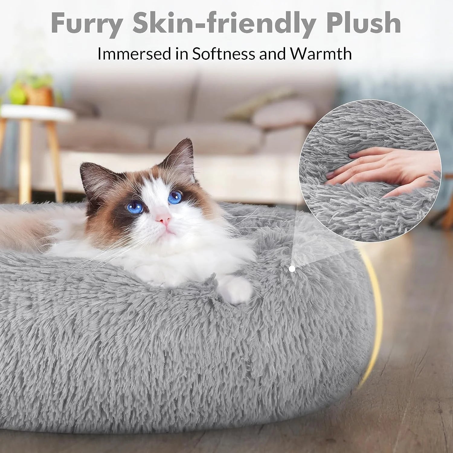 Cat Bed for Indoor Cats, Fluffy round Self Warming Calming Soft Plush Donut Cuddler Cushion Pet Bed for Small Dogs Kittens, 20 Inches