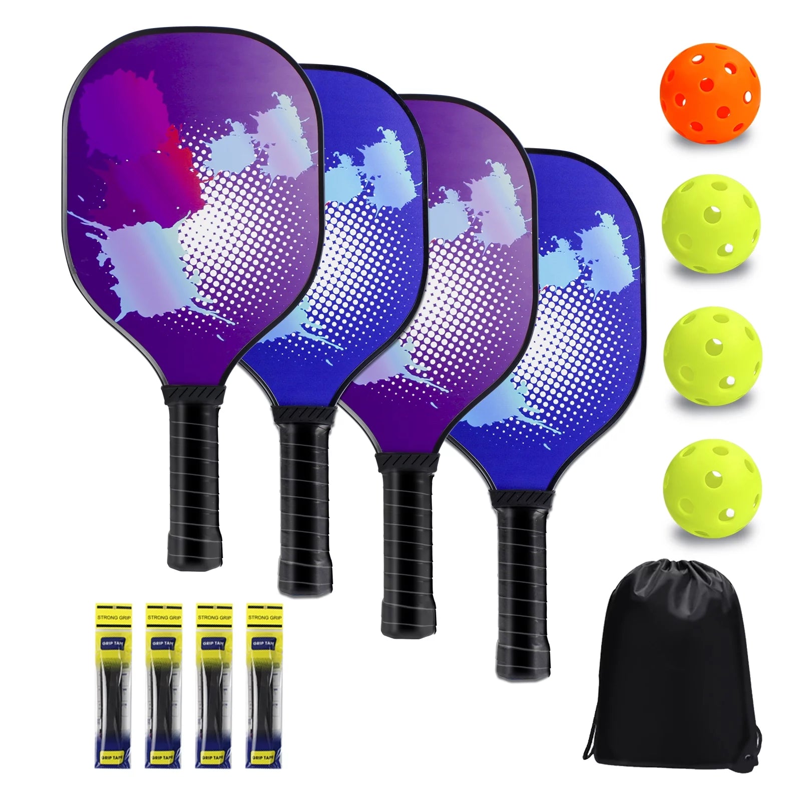 Pickleball Paddles Set Pickleball Rackets with 4 Wood Pickleball Paddles, 4 Pickleball Balls, 4 Grip Tape & Carry Bag, Pickleball Gifts