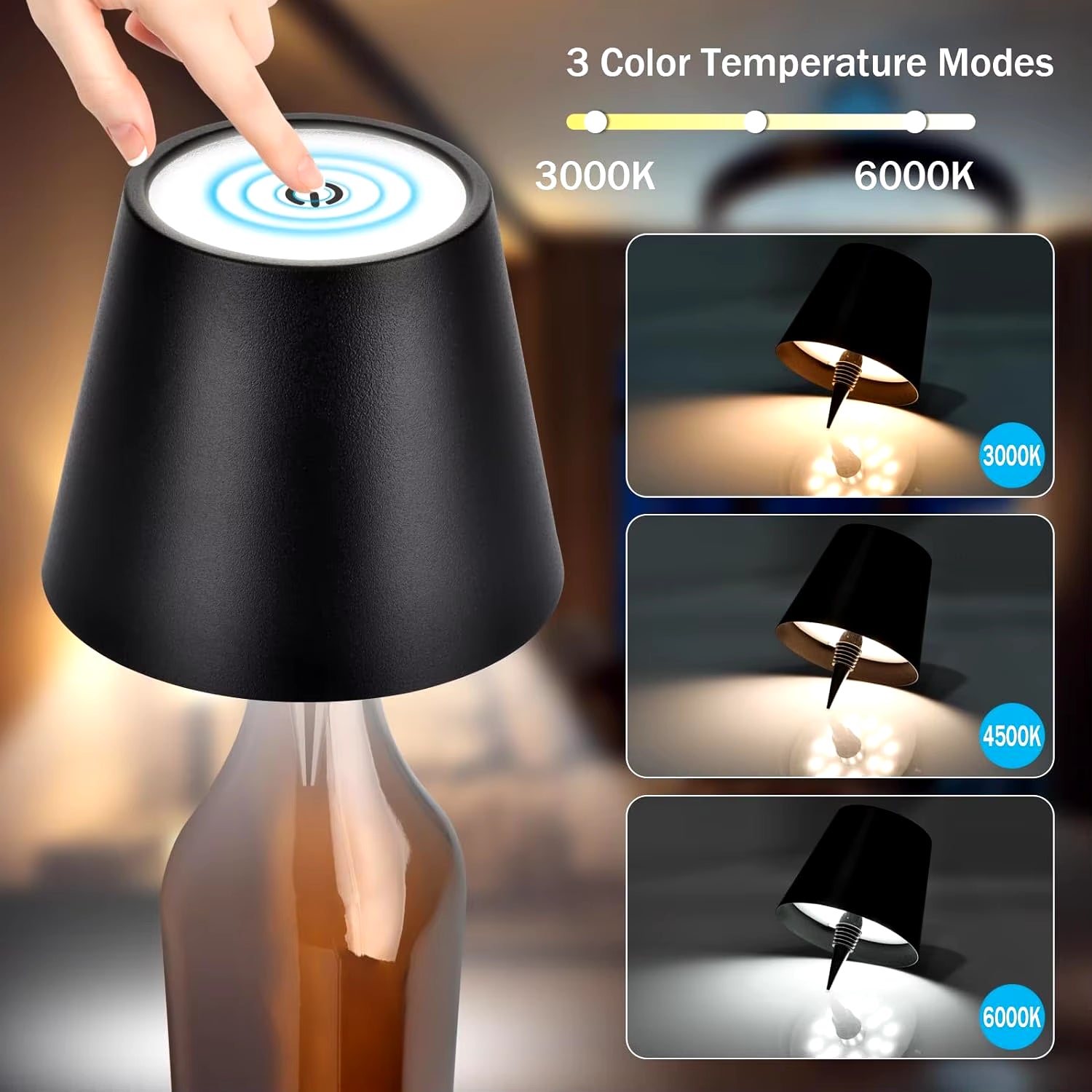 Wireless Bottle Table Lamp Touch Control of 3 Colors and Stepless Dimming Night Lamp Suitable for Bar Wine Bottles Desk Lights